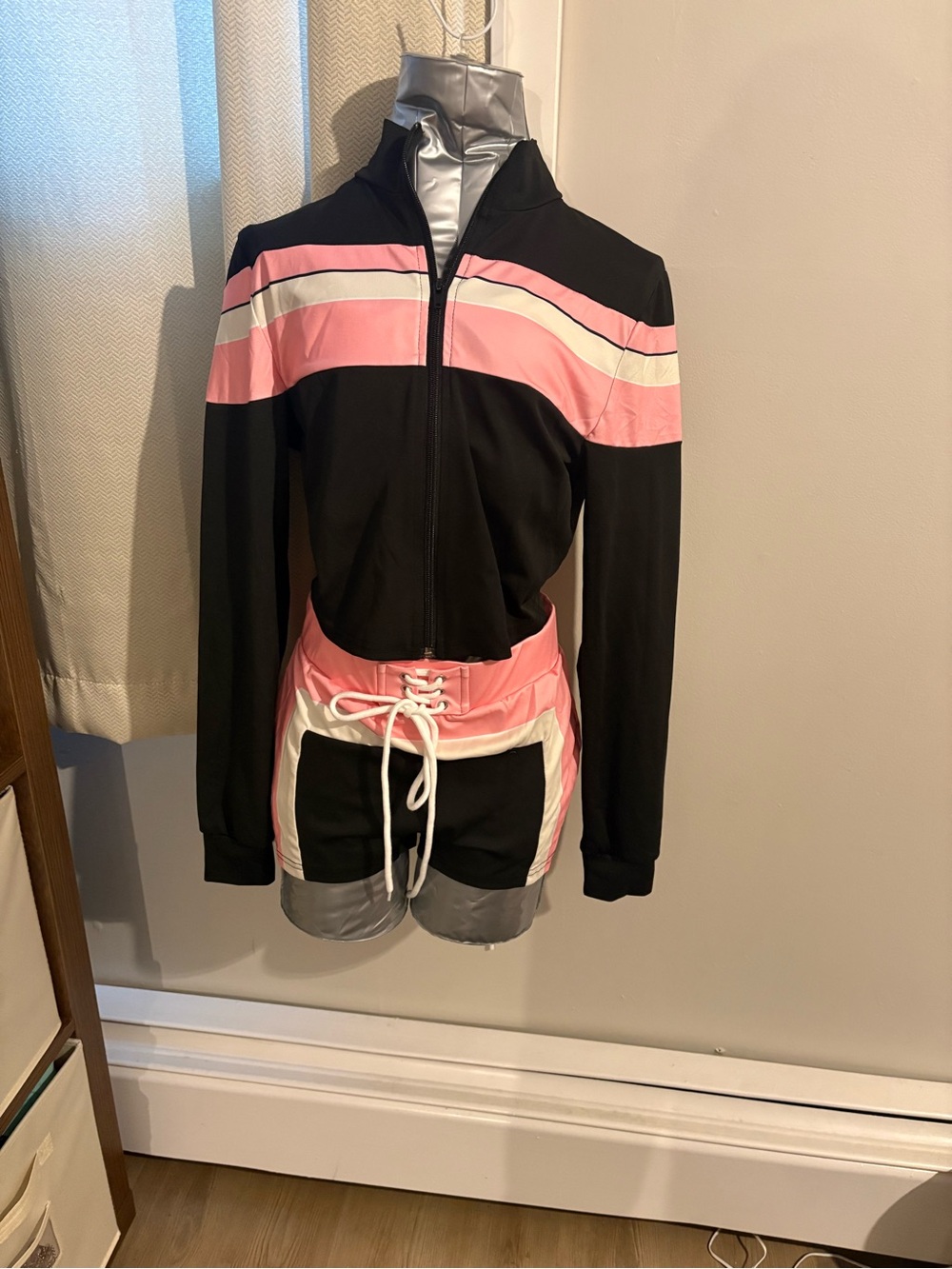 Black & Pink Striped Zip Bomber Jacket, bandeau top and high waisted shorts set